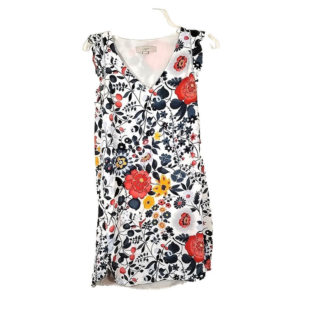 Loft Womens Floral Dress Size XS Rayon Fully Lined Sleeveless Ruffle Sleeve